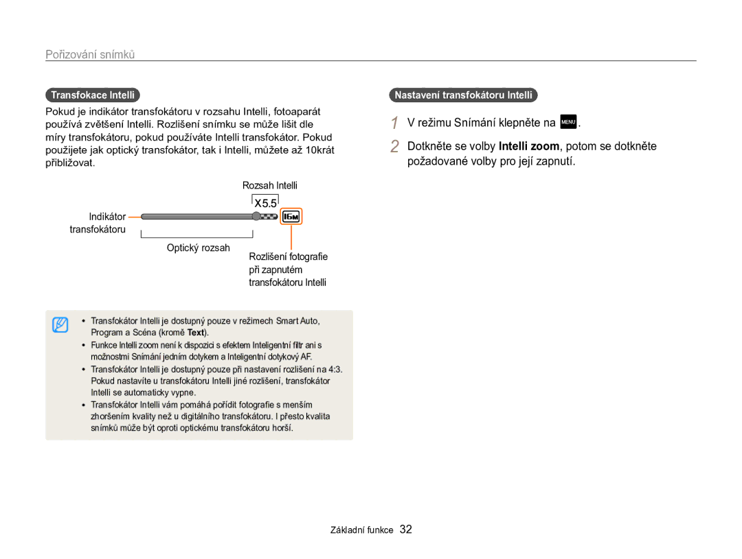 Samsung EC-MV800ZBPBE3 manual Transfokace Intelli, Nastavení transfokátoru Intelli Režimu Snímání klepněte na 