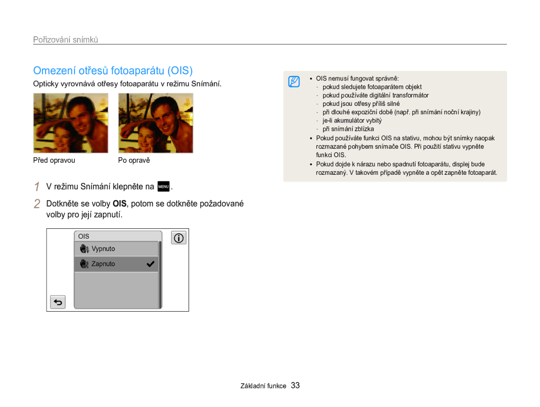 Samsung EC-MV800ZBPBE3 manual Omezení otřesů fotoaparátu OIS, Vypnuto Zapnuto OIS nemusí fungovat správně 