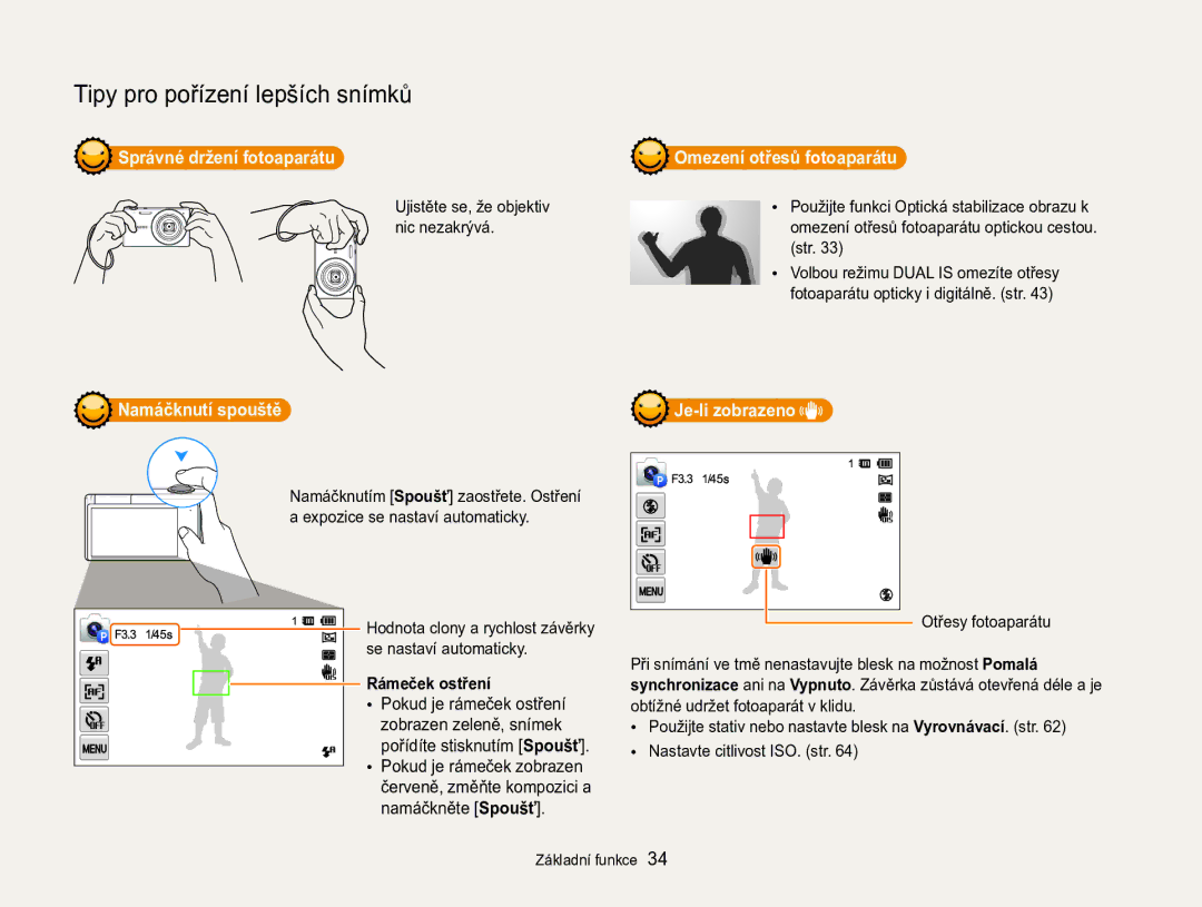 Samsung EC-MV800ZBPBE3 manual Správné držení fotoaparátu Omezení otřesů fotoaparátu, Namáčknutí spouště, Rámeček ostření 