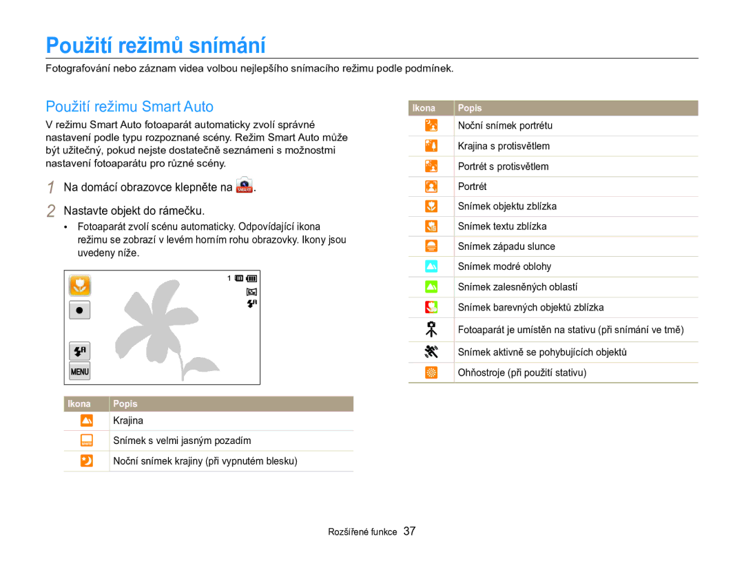 Samsung EC-MV800ZBPBE3 manual Použití režimů snímání, Použití režimu Smart Auto 