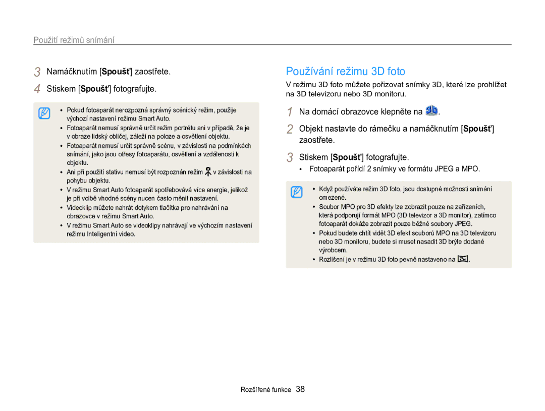 Samsung EC-MV800ZBPBE3 manual Používání režimu 3D foto, Použití režimů snímání, Stiskem Spoušť fotografujte, Zaostřete 