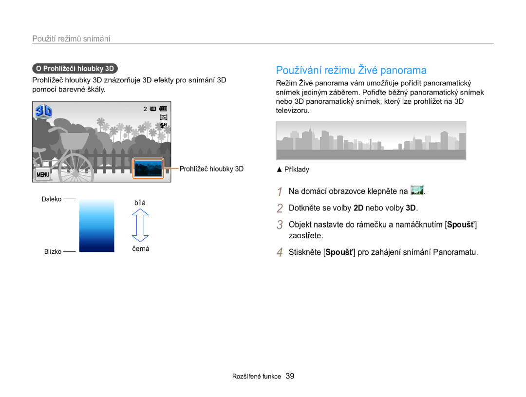 Samsung EC-MV800ZBPBE3 manual Používání režimu Živé panorama, Prohlížeči hloubky 3D 