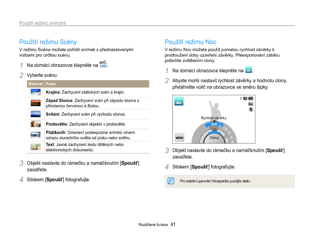 Samsung EC-MV800ZBPBE3 manual Použití režimu Scény, Použití režimu Noc, Na domácí obrazovce klepněte na Vyberte scénu 