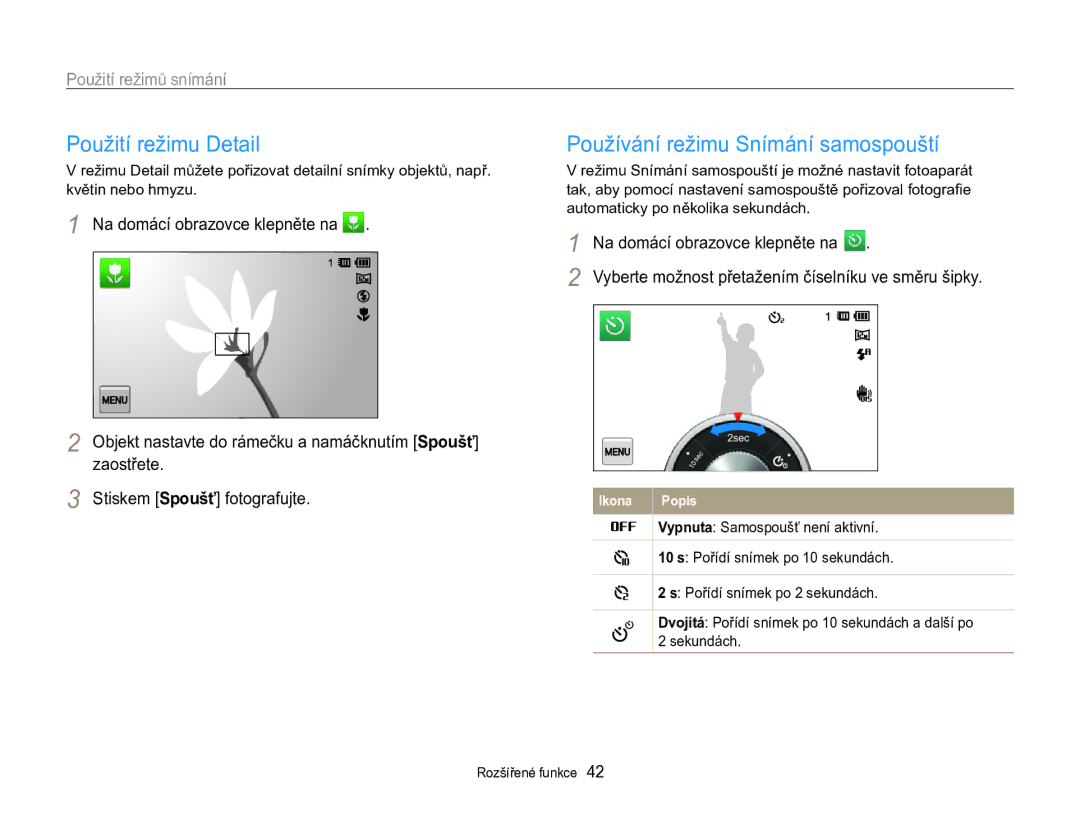 Samsung EC-MV800ZBPBE3 manual Použití režimu Detail, Používání režimu Snímání samospouští 
