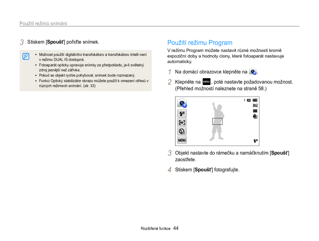 Samsung EC-MV800ZBPBE3 manual Použití režimu Program, Stiskem Spoušť pořiďte snímek, Přehled možností naleznete na straně 