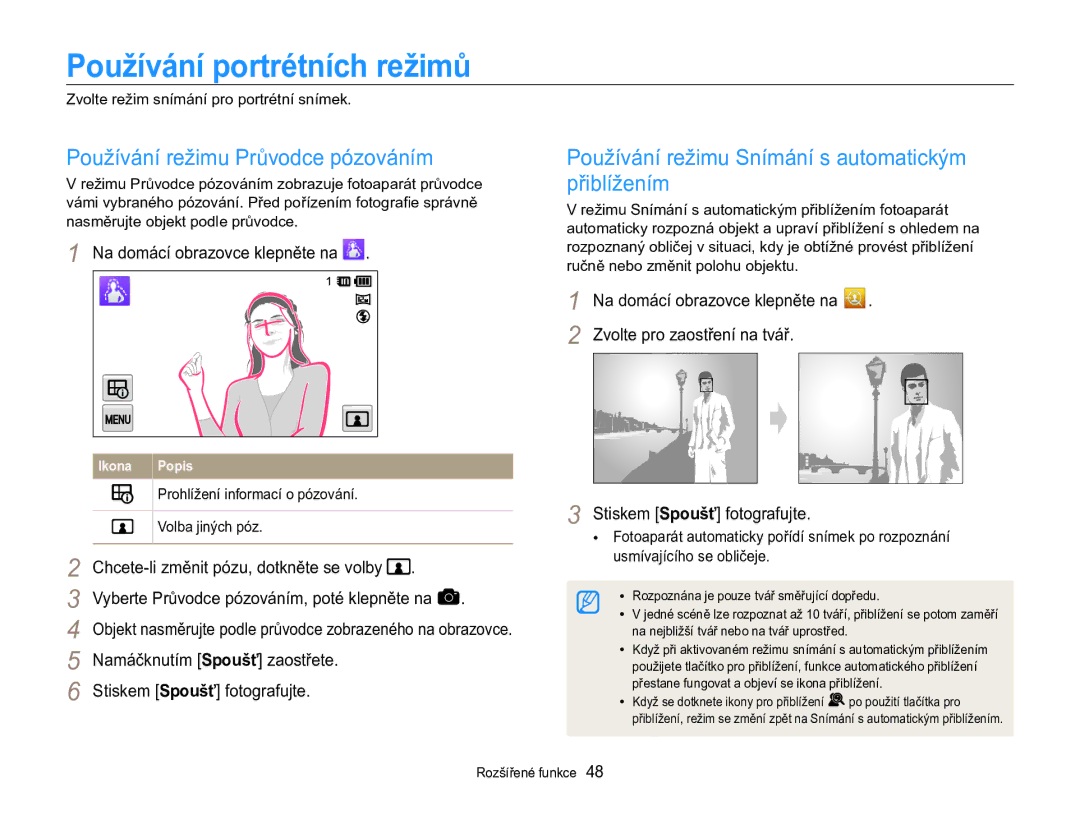 Samsung EC-MV800ZBPBE3 manual Používání portrétních režimů, Používání režimu Průvodce pózováním, Volba jiných póz 