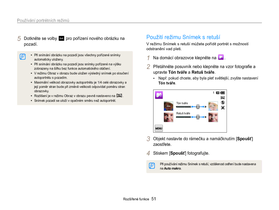 Samsung EC-MV800ZBPBE3 manual Dotkněte se volby, Pozadí, Upravte Tón tváře a Retuš tváře 