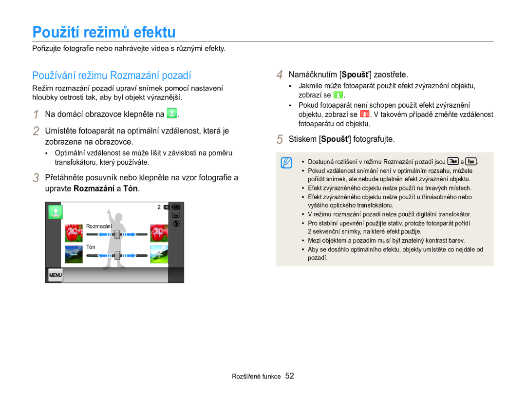 Samsung EC-MV800ZBPBE3 manual Použití režimů efektu, Používání režimu Rozmazání pozadí 