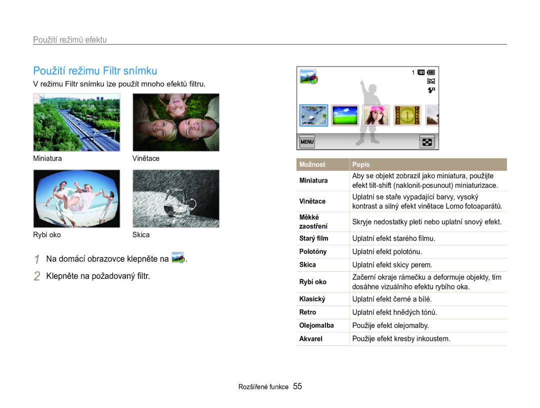 Samsung EC-MV800ZBPBE3 manual Použití režimu Filtr snímku, Klepněte na požadovaný filtr 