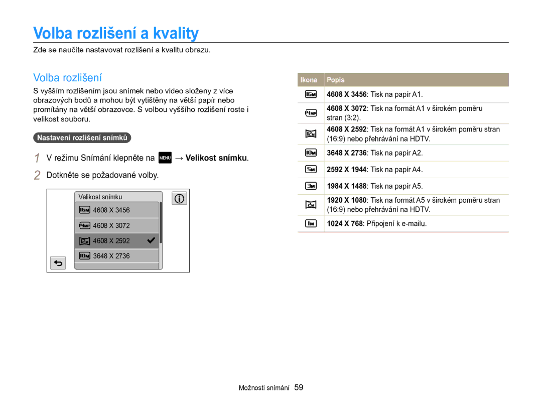 Samsung EC-MV800ZBPBE3 manual Volba rozlišení a kvality, Dotkněte se požadované volby, Nastavení rozlišení snímků 