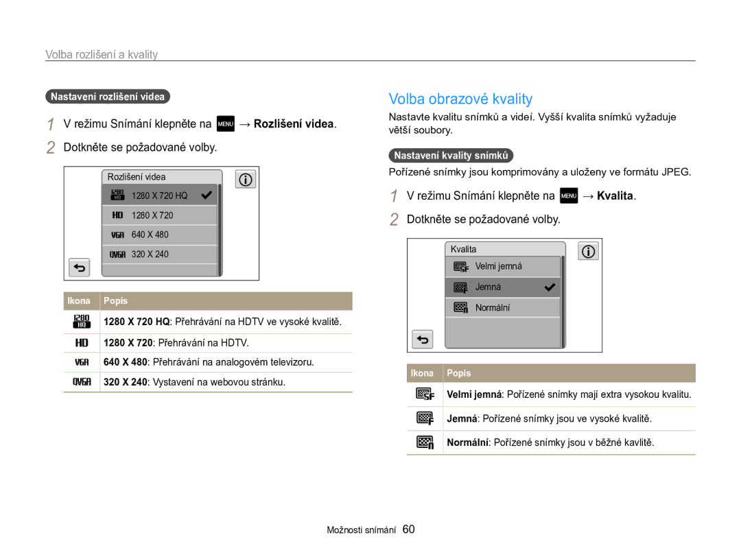 Samsung EC-MV800ZBPBE3 manual Volba obrazové kvality, Volba rozlišení a kvality, Nastavení rozlišení videa 