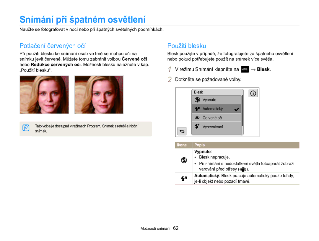 Samsung EC-MV800ZBPBE3 manual Snímání při špatném osvětlení, Potlačení červených očí, Použití blesku, Vypnuto 