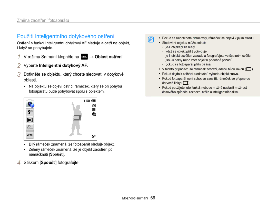 Samsung EC-MV800ZBPBE3 manual Použití inteligentního dotykového ostření, Změna zaostření fotoaparátu 