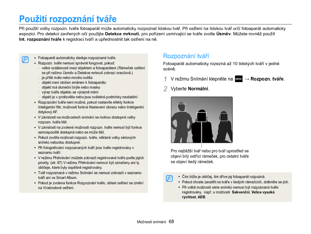 Samsung EC-MV800ZBPBE3 manual Použití rozpoznání tváře, Rozpoznání tváří 