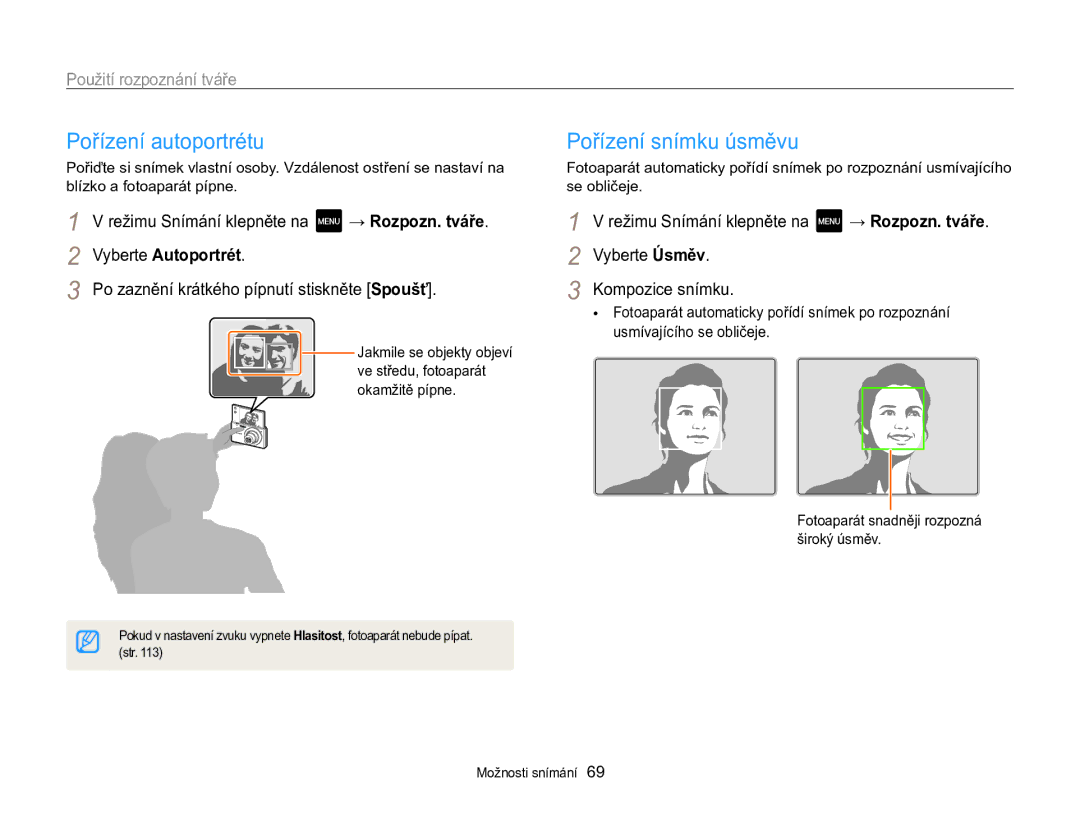 Samsung EC-MV800ZBPBE3 manual Pořízení autoportrétu, Pořízení snímku úsměvu, Použití rozpoznání tváře, Vyberte Autoportrét 