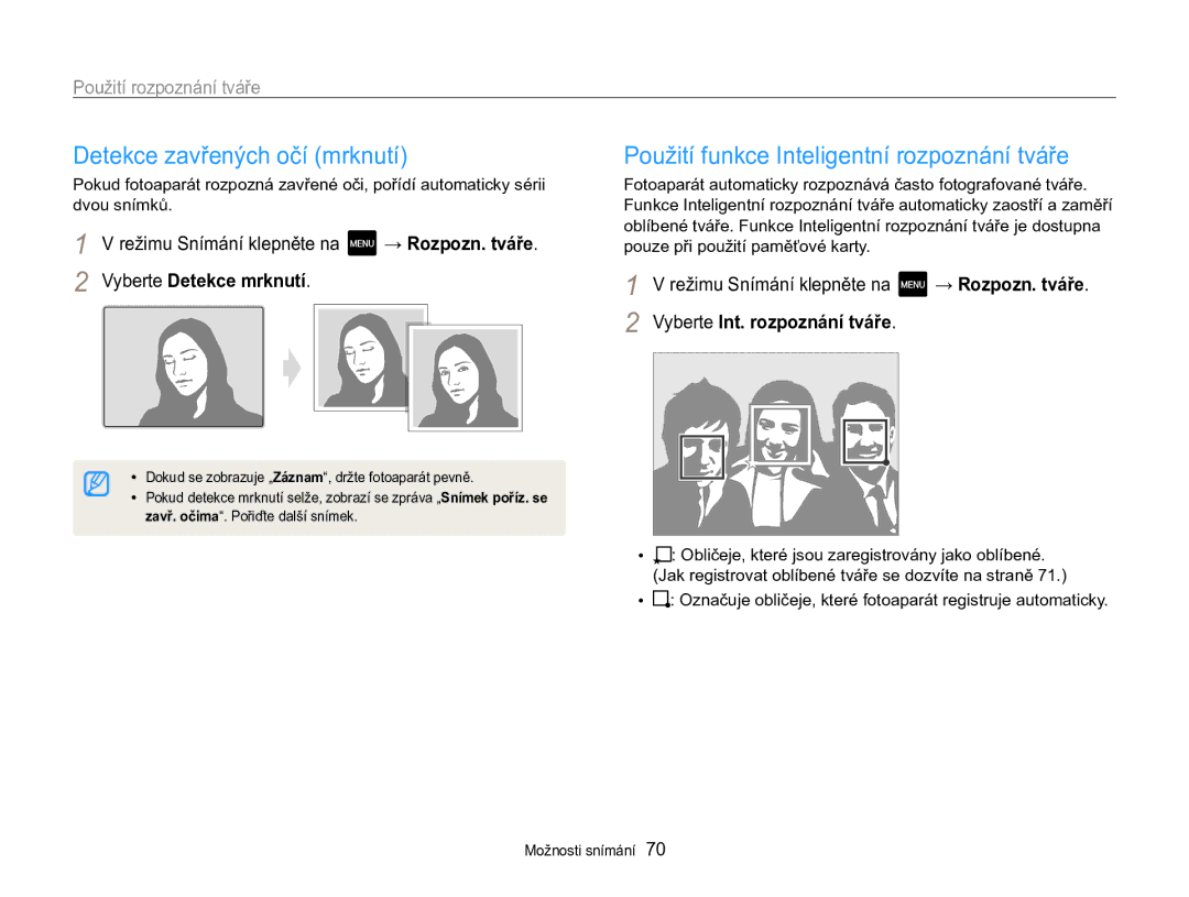 Samsung EC-MV800ZBPBE3 manual Detekce zavřených očí mrknutí, Použití funkce Inteligentní rozpoznání tváře 