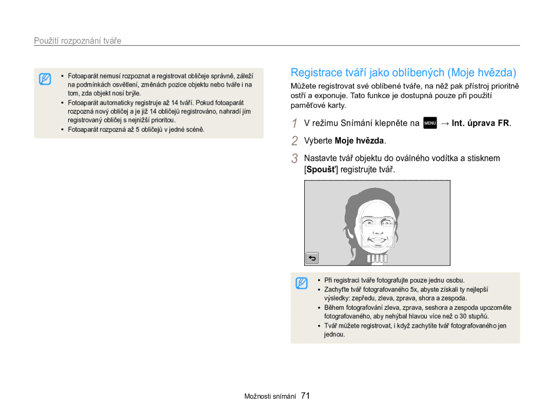 Samsung EC-MV800ZBPBE3 manual Registrace tváří jako oblíbených Moje hvězda, Režimu Snímání klepněte na → Int. úprava FR 