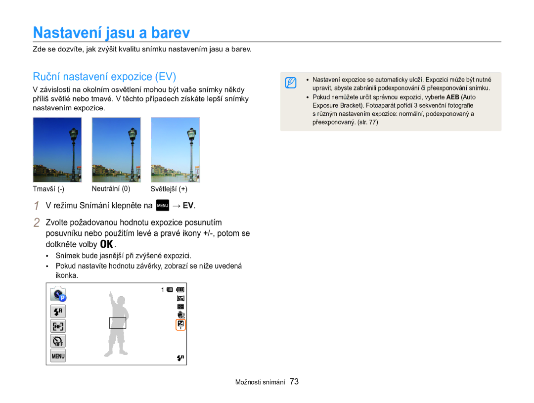 Samsung EC-MV800ZBPBE3 manual Nastavení jasu a barev, Ruční nastavení expozice EV 