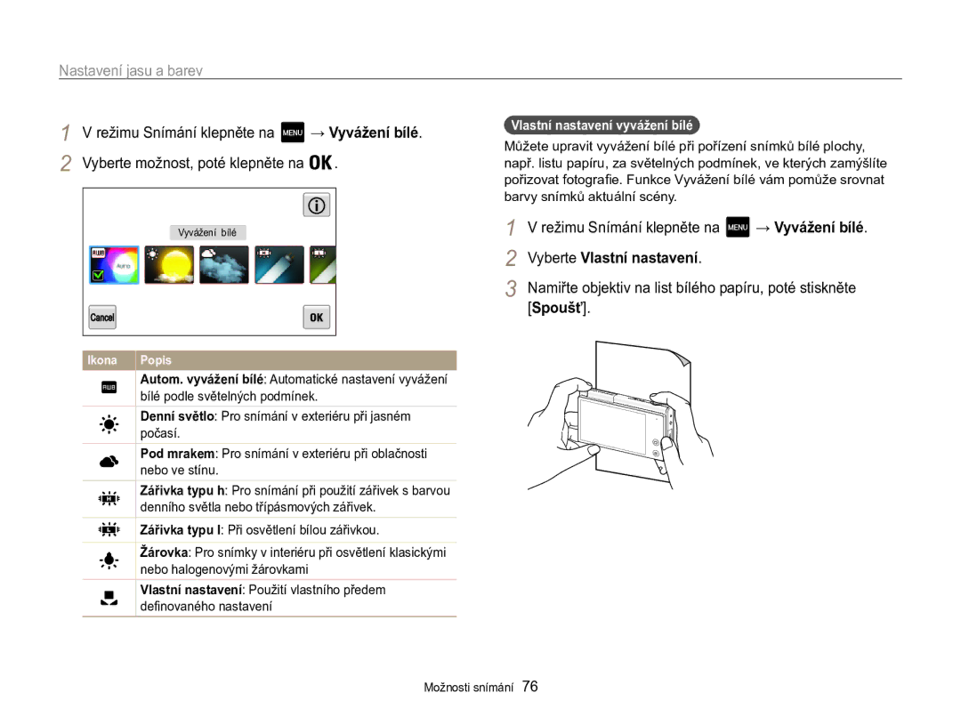 Samsung EC-MV800ZBPBE3 manual Vyberte Vlastní nastavení, Vlastní nastavení vyvážení bílé 