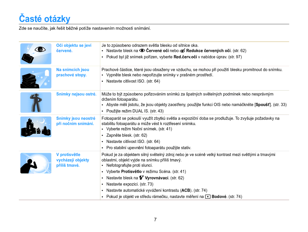 Samsung EC-MV800ZBPBE3 manual Časté otázky, Červené oči nebo, Vyrovnávací. str 