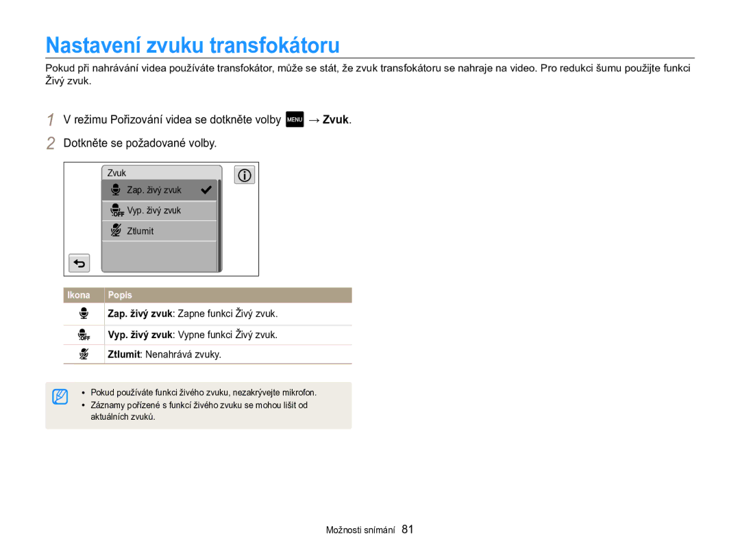 Samsung EC-MV800ZBPBE3 manual Nastavení zvuku transfokátoru 