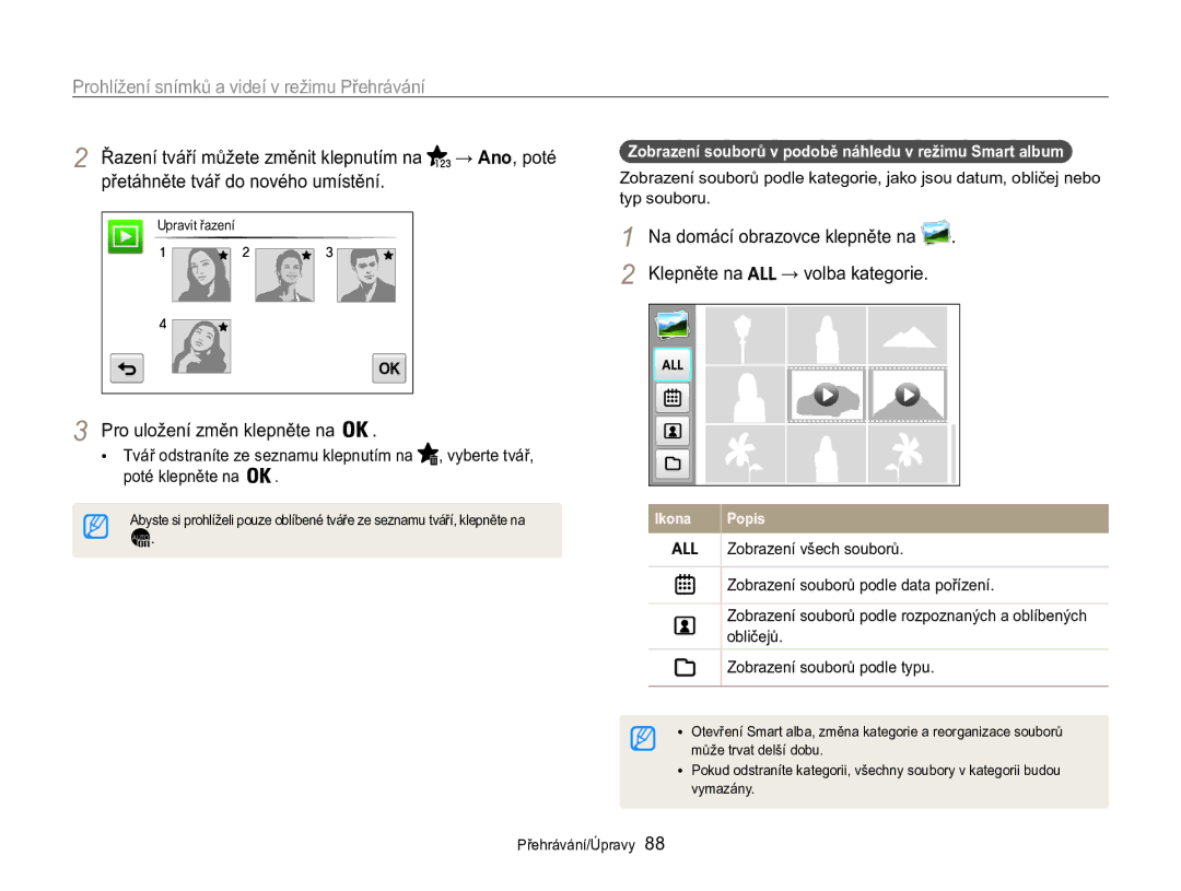 Samsung EC-MV800ZBPBE3 manual Přetáhněte tvář do nového umístění, Zobrazení souborů v podobě náhledu v režimu Smart album 