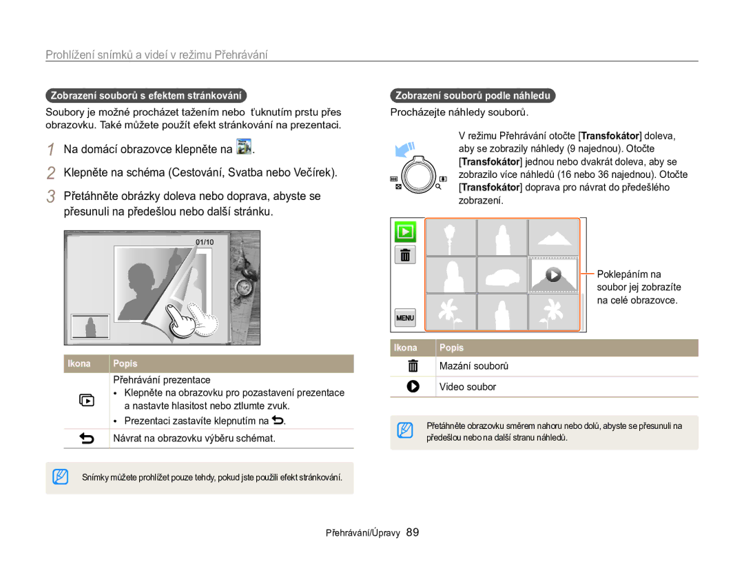 Samsung EC-MV800ZBPBE3 manual Zobrazení souborů s efektem stránkování, Přehrávání prezentace, Mazání souborů Video soubor 