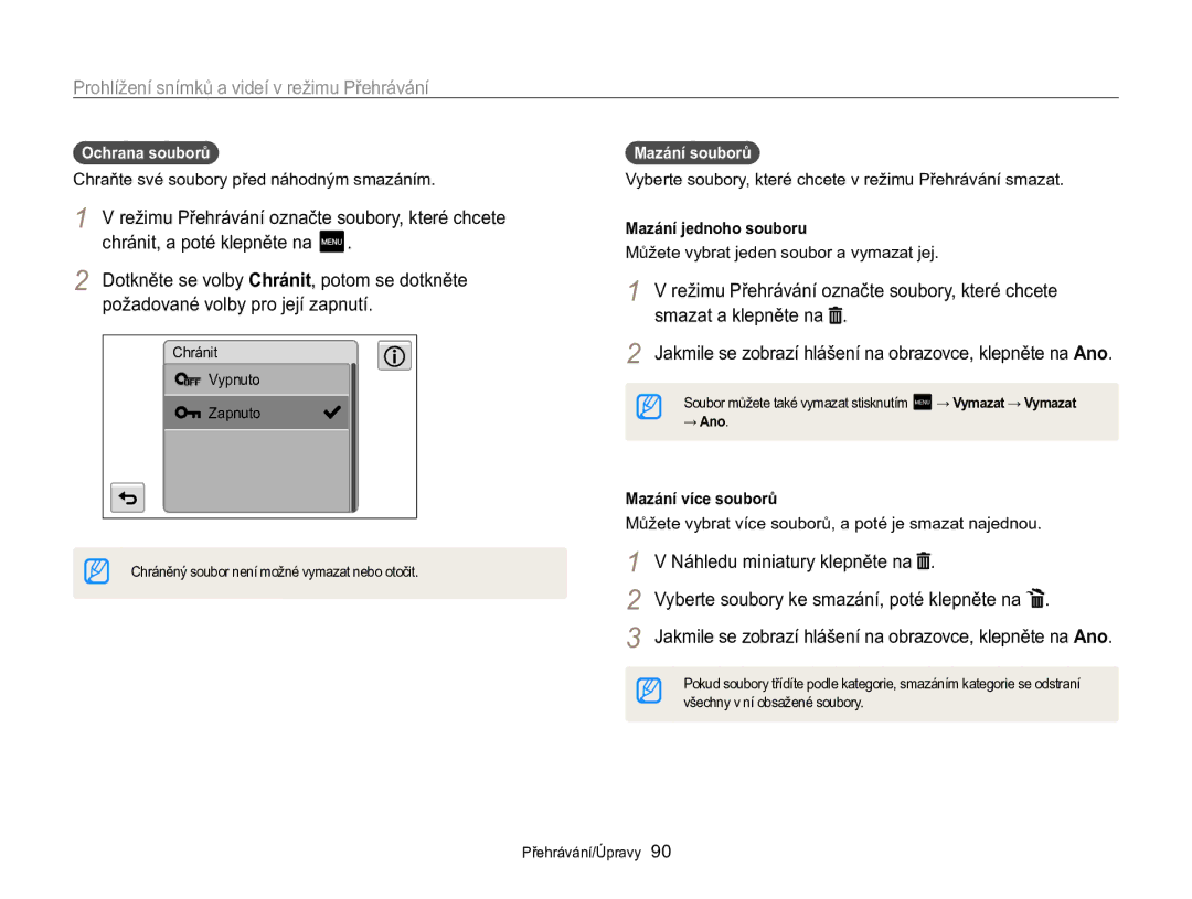 Samsung EC-MV800ZBPBE3 manual Režimu Přehrávání označte soubory, které chcete, Chraňte své soubory před náhodným smazáním 