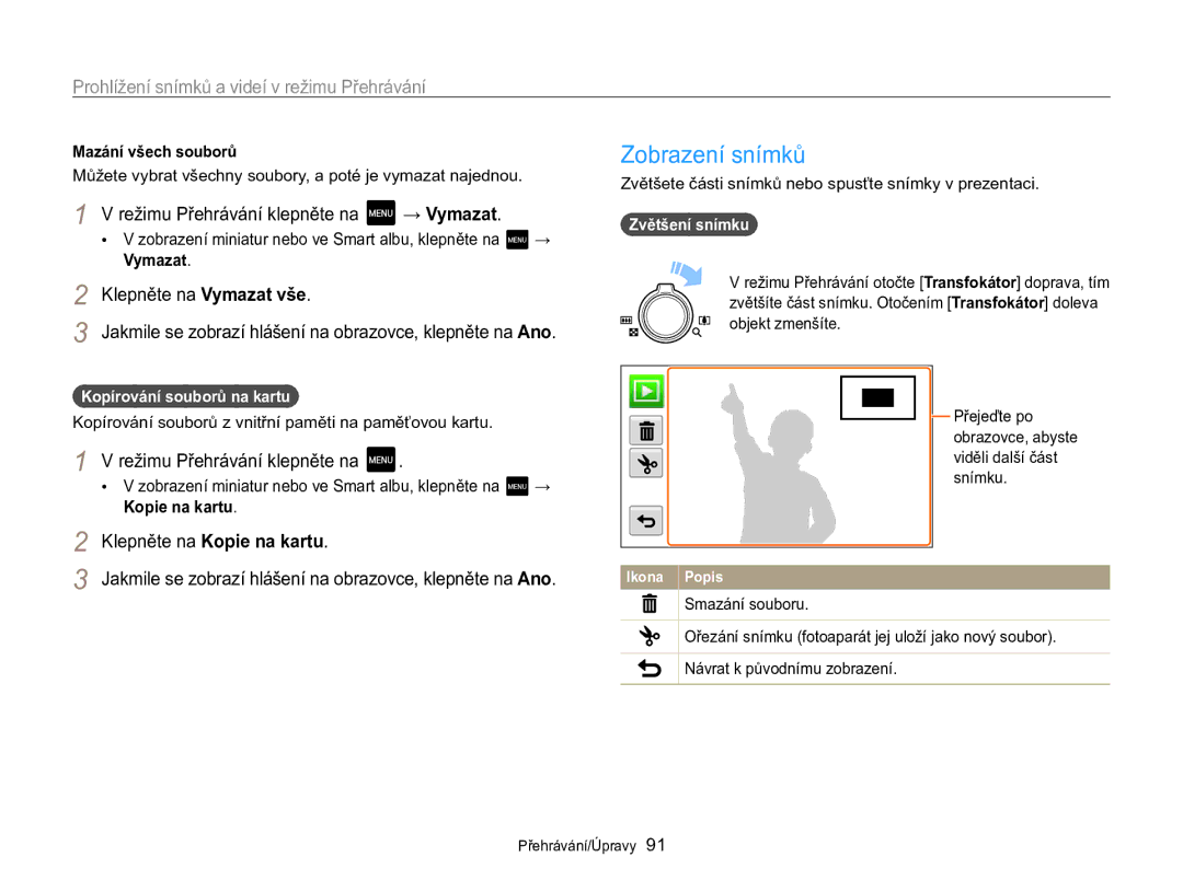 Samsung EC-MV800ZBPBE3 manual Zobrazení snímků, → Vymazat, Klepněte na Vymazat vše, Klepněte na Kopie na kartu 