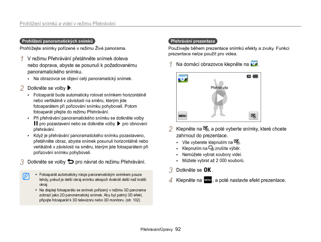 Samsung EC-MV800ZBPBE3 Dotkněte se volby pro návrat do režimu Přehrávání, Dotkněte se Klepněte na, Přehrávání prezentace 