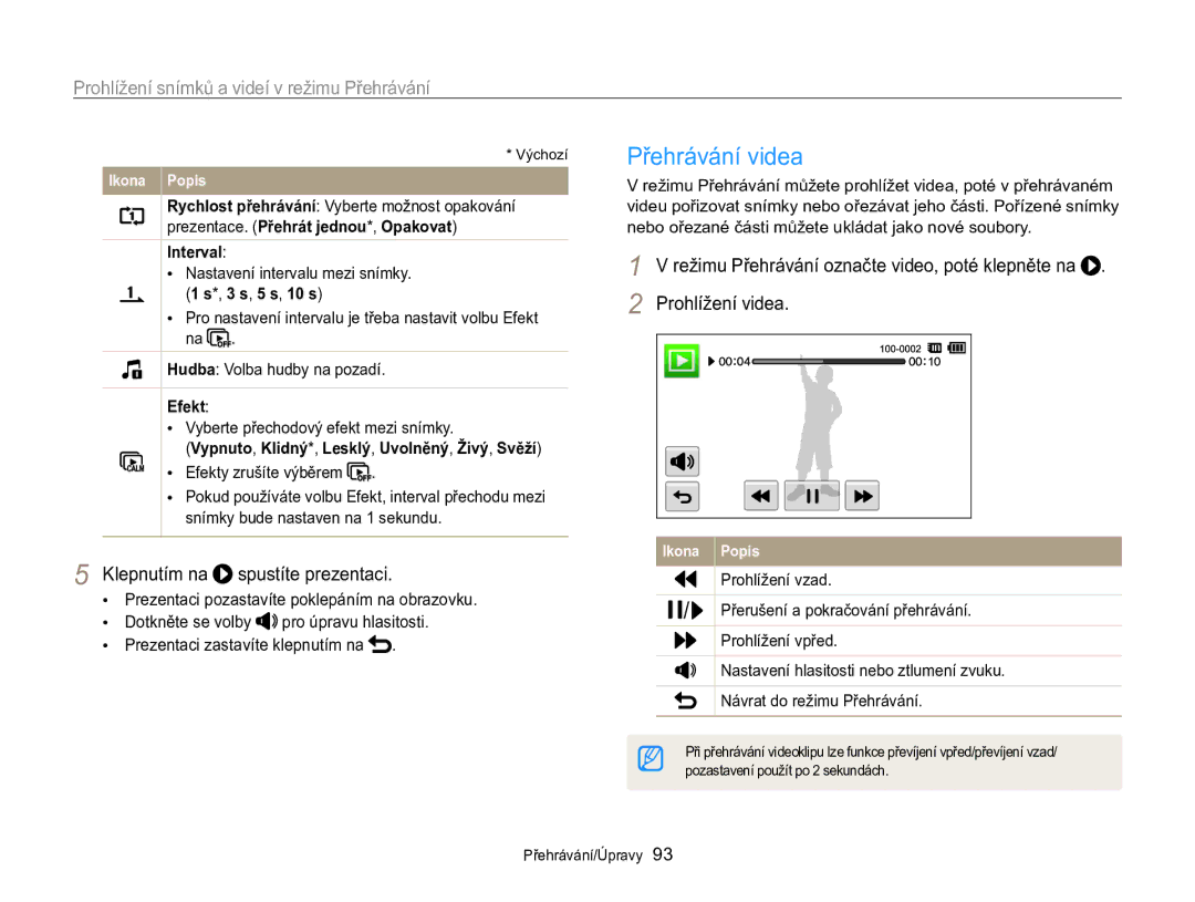 Samsung EC-MV800ZBPBE3 manual Přehrávání videa, Klepnutím na spustíte prezentaci, Interval, Efekt 