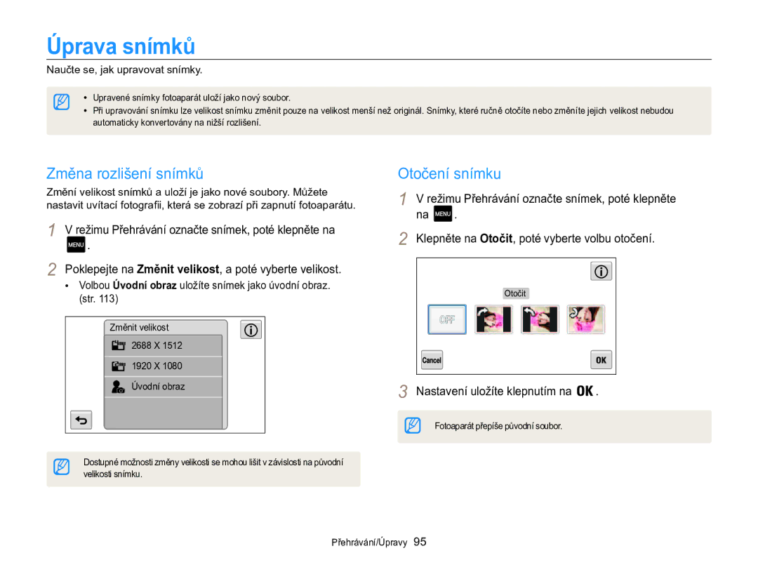 Samsung EC-MV800ZBPBE3 manual Úprava snímků, Změna rozlišení snímků, Otočení snímku, Naučte se, jak upravovat snímky 