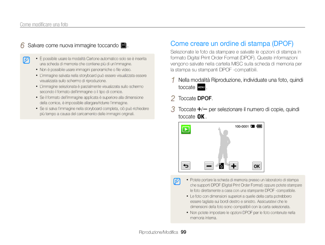 Samsung EC-MV800ZBPWE1, EC-MV800ZBPRE1 manual Come creare un ordine di stampa Dpof, Salvare come nuova immagine toccando 