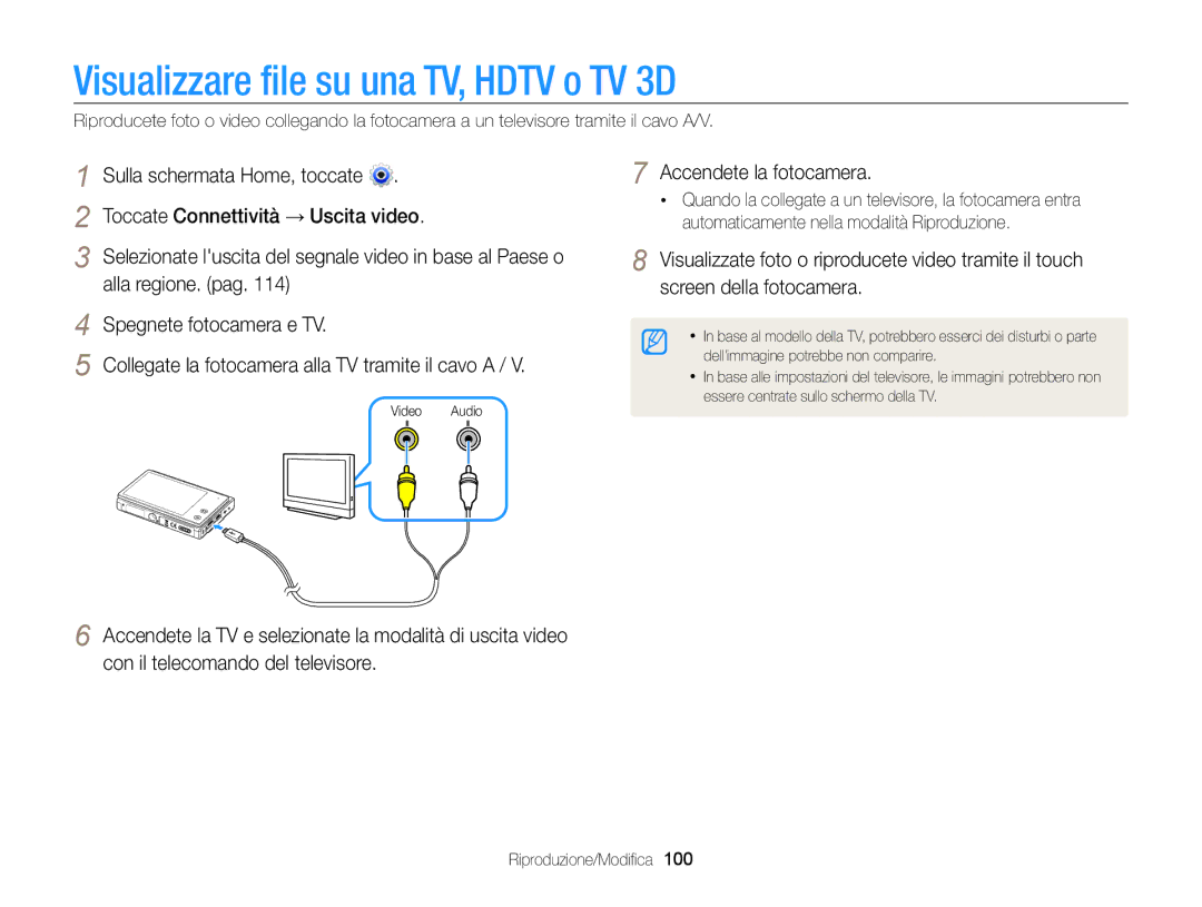 Samsung EC-MV800ZDPBME, EC-MV800ZBPRE1, EC-MV800ZBPBE1 Visualizzare file su una TV, Hdtv o TV 3D, Accendete la fotocamera 