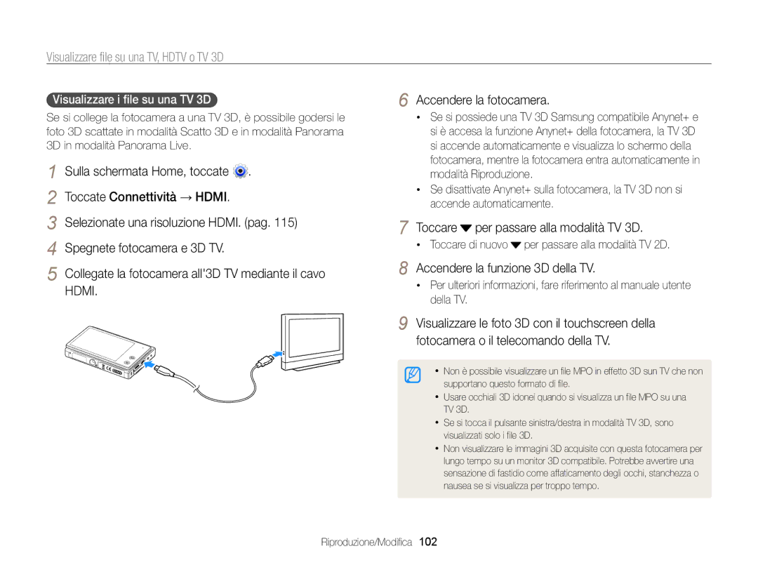 Samsung EC-MV800ZDPPME Accendere la fotocamera, Toccare per passare alla modalità TV 3D, Accendere la funzione 3D della TV 