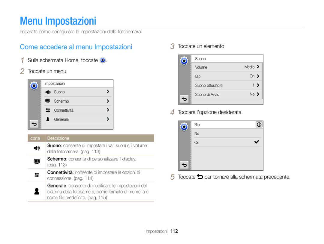 Samsung EC-MV800ZBPBE1, EC-MV800ZBPRE1 manual Menu Impostazioni, Come accedere al menu Impostazioni, Toccate un elemento 