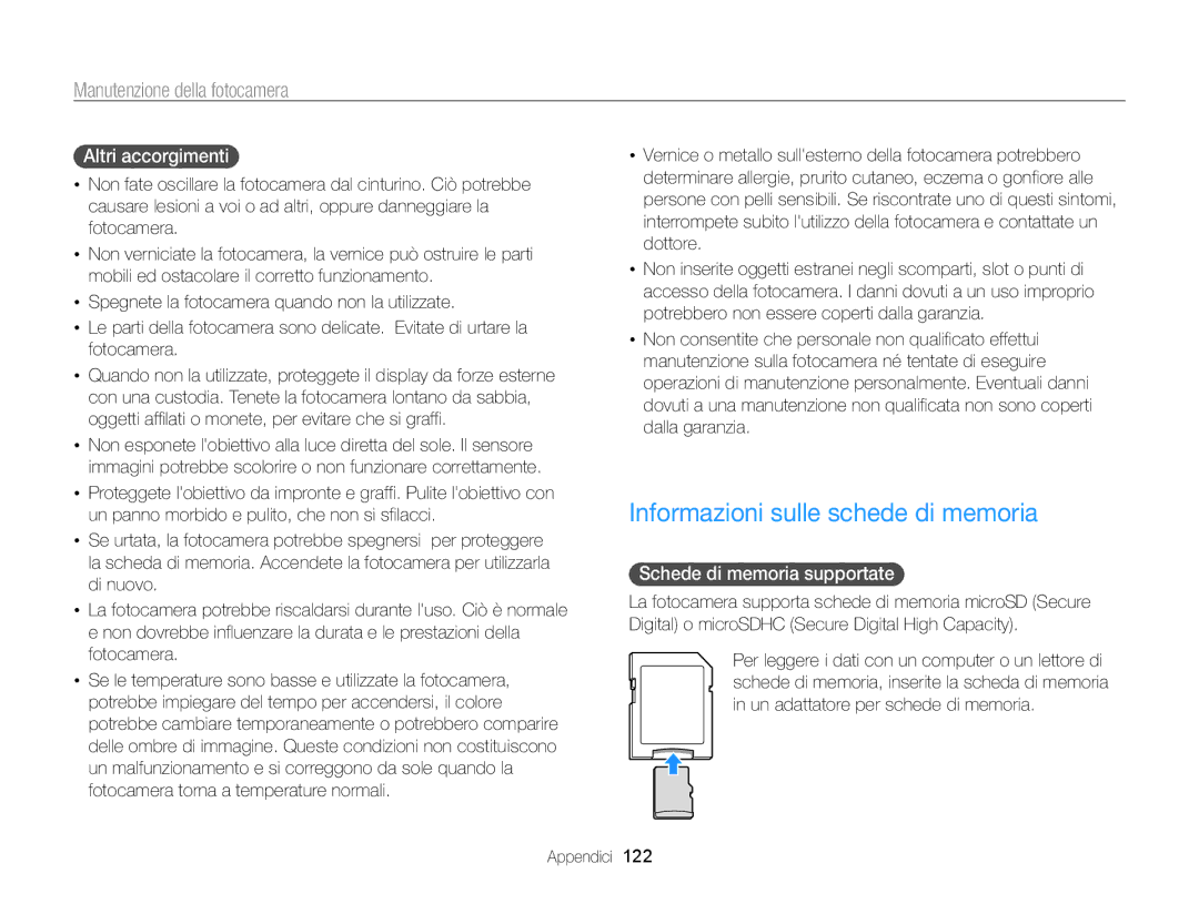 Samsung EC-MV800ZDPRME manual Informazioni sulle schede di memoria, Altri accorgimenti , Schede di memoria supportate  