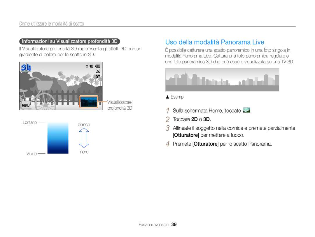 Samsung EC-MV800ZDPPME manual Uso della modalità Panorama Live, Informazioni su Visualizzatore profondità 3D , Esempi 