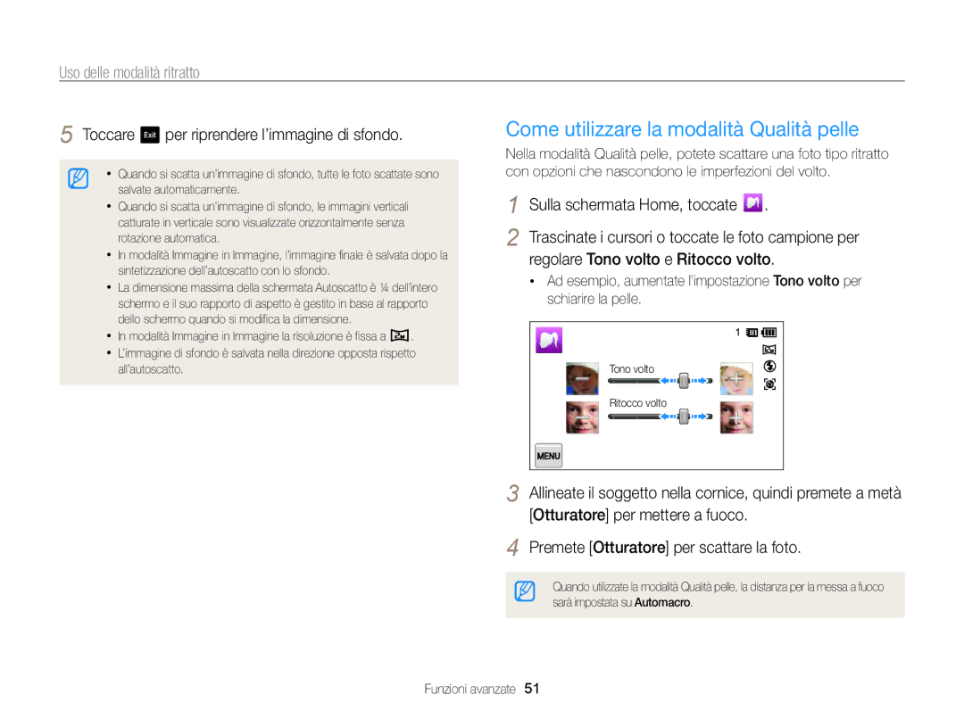 Samsung EC-MV800ZDPBME manual Come utilizzare la modalità Qualità pelle, Toccare per riprendere l’immagine di sfondo 