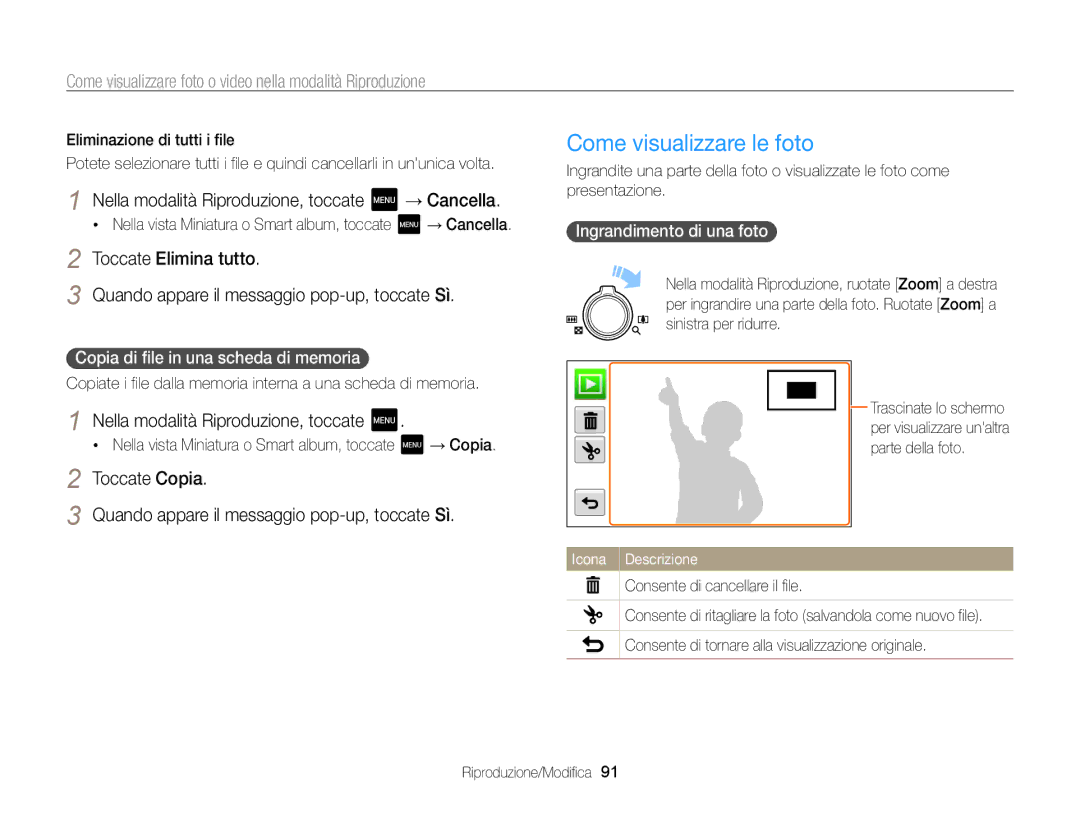 Samsung EC-MV800ZBPBE1 manual Come visualizzare le foto, Nella modalità Riproduzione, toccate → Cancella, Toccate Copia 