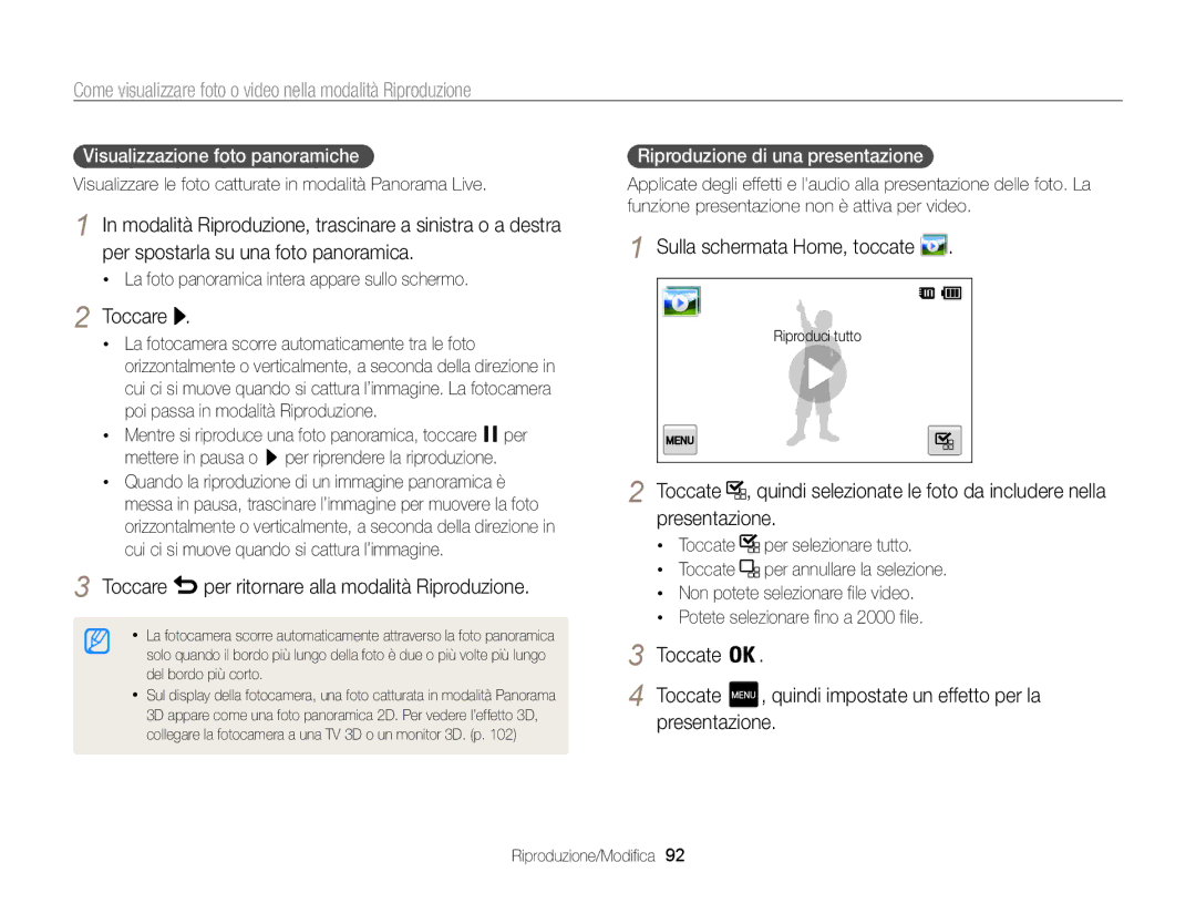 Samsung EC-MV800ZBPWE1 manual Toccare per ritornare alla modalità Riproduzione, Visualizzazione foto panoramiche 