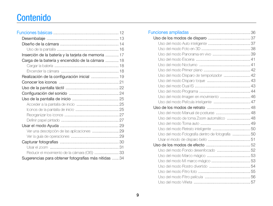 Samsung EC-MV800ZBPBE1, EC-MV800ZBPRE1, EC-MV800ZBPWE1 manual Contenido, Sugerencias para obtener fotografías más nítidas 