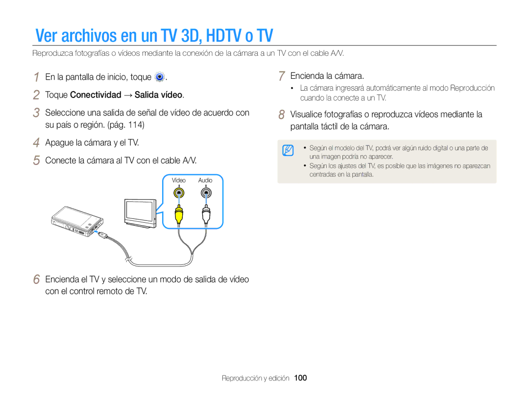 Samsung EC-MV800ZBPWE1, EC-MV800ZBPRE1, EC-MV800ZBPBE1 manual Ver archivos en un TV 3D, Hdtv o TV, Encienda la cámara 