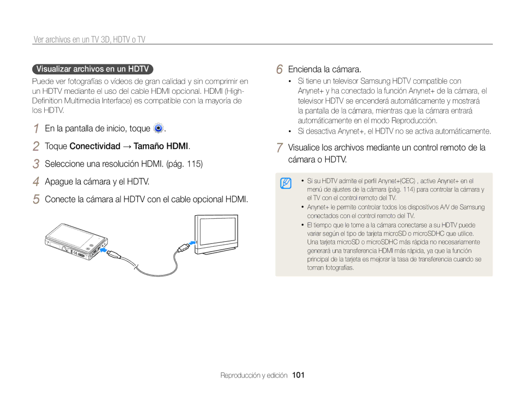 Samsung EC-MV800ZBPRE1, EC-MV800ZBPBE1, EC-MV800ZBPWE1 Ver archivos en un TV 3D, Hdtv o TV, Visualizar archivos en un HDTV  