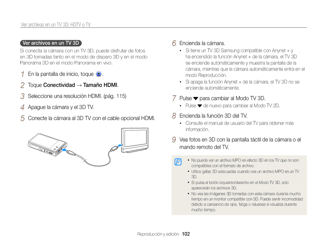 Samsung EC-MV800ZBPBE1, EC-MV800ZBPRE1, EC-MV800ZBPWE1 manual Pulse Encienda la función 3D del TV, Ver archivos en un TV 3D  