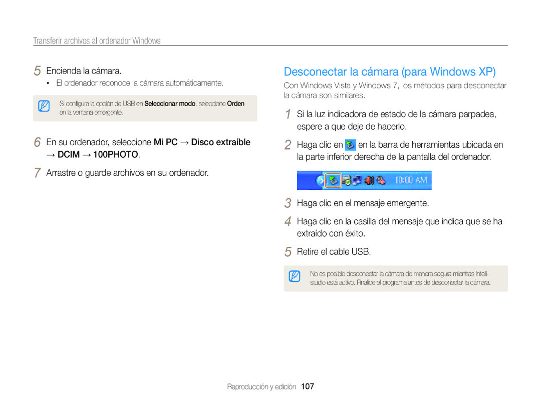 Samsung EC-MV800ZBPRE1 manual Desconectar la cámara para Windows XP, Haga clic en el mensaje emergente, Extraído con éxito 