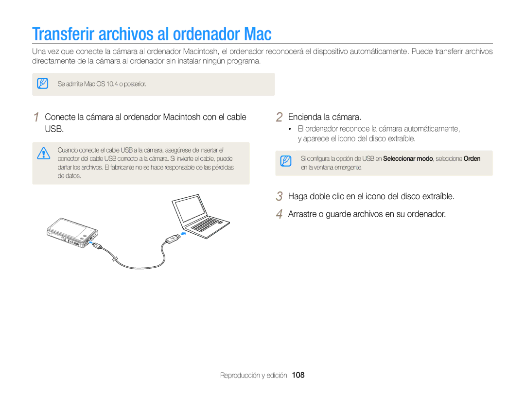 Samsung EC-MV800ZBPBE1 Transferir archivos al ordenador Mac, Conecte la cámara al ordenador Macintosh con el cable USB 