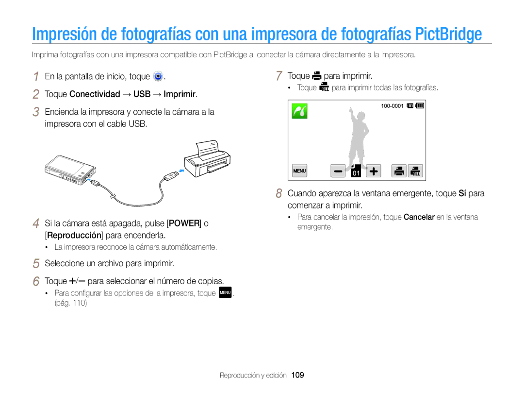 Samsung EC-MV800ZBPWE1 manual Toque Conectividad → USB → Imprimir, Impresora con el cable USB, Toque para imprimir 