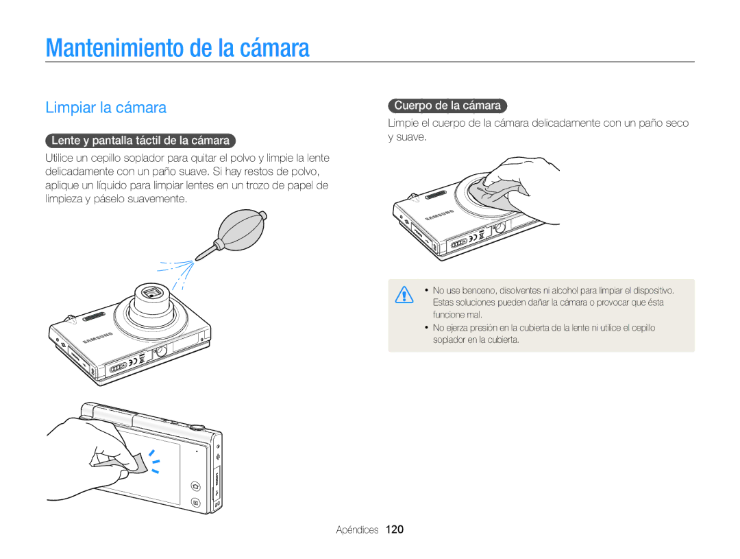 Samsung EC-MV800ZBPBE1 manual Mantenimiento de la cámara, Limpiar la cámara, Lente y pantalla táctil de la cámara  