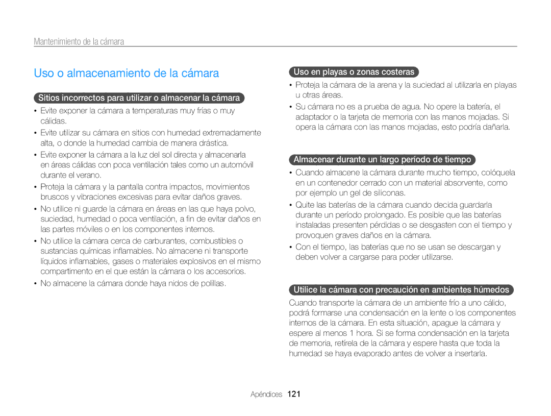 Samsung EC-MV800ZBPWE1, EC-MV800ZBPRE1, EC-MV800ZBPBE1 manual Uso o almacenamiento de la cámara, Mantenimiento de la cámara 